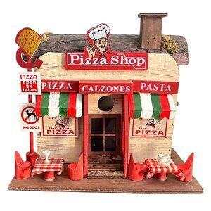Vintage Pizza Shop Birdhouse 9x9x7” Wood Tin Roof Kitschy Eclectic Decor Quirky